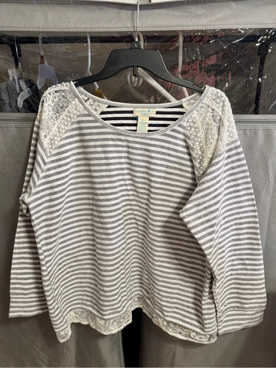 Caribbean Joe Tops - Caribbean Joe Gray & White Striped Lace-Shoulder Sweatshirt